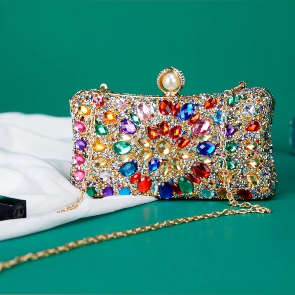 Multicolor Rhinestone Clutch w/Chain Strap - Picture 3 of 9